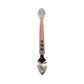 Double-head baby food spoon with rounded silver scraper; peach handle with blue dots