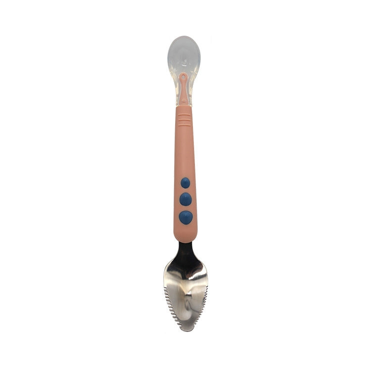 Double-head baby food spoon with rounded silver scraper; peach handle with blue dots