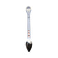 Double-head baby food spoon with rounded silver scraper; light blue handle with holes