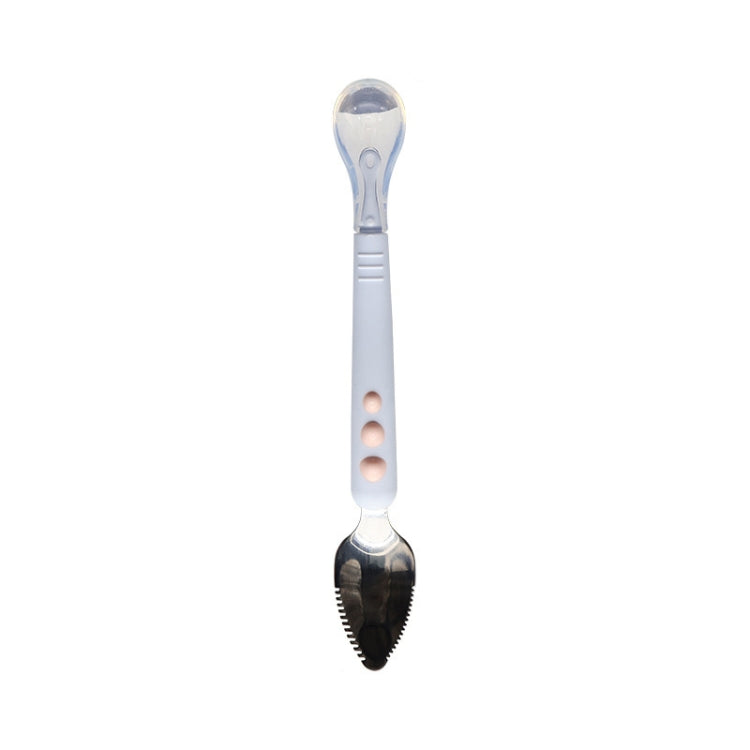 Double-head baby food spoon with rounded silver scraper; light blue handle with holes