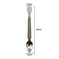 Double-head baby food spoon, green handle with orange dots; stainless steel scraping tip