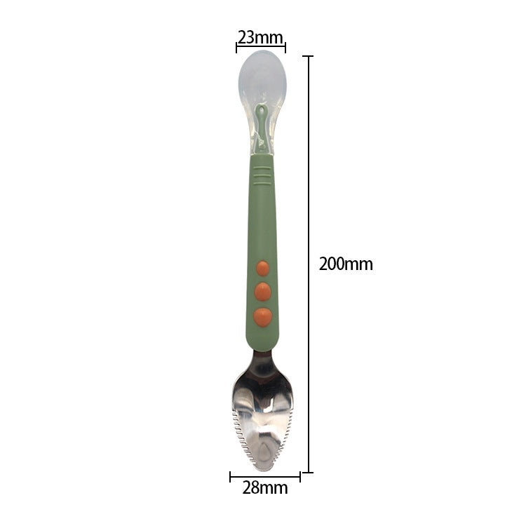 Double-head baby food spoon, green handle with orange dots; stainless steel scraping tip
