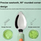 Baby food spoon head close-up: dual-sided curved sawtooth scraper, on green handle