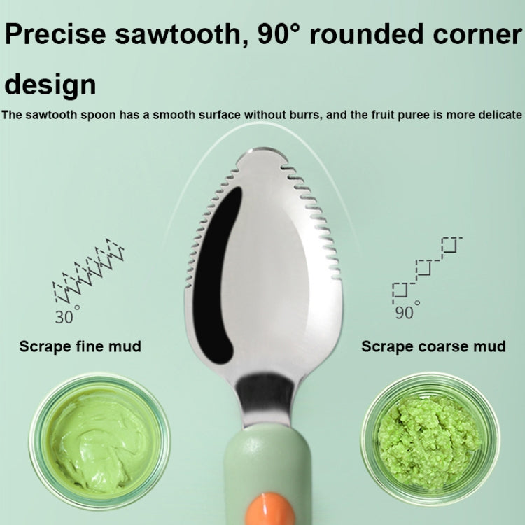 Baby food spoon head close-up: dual-sided curved sawtooth scraper, on green handle