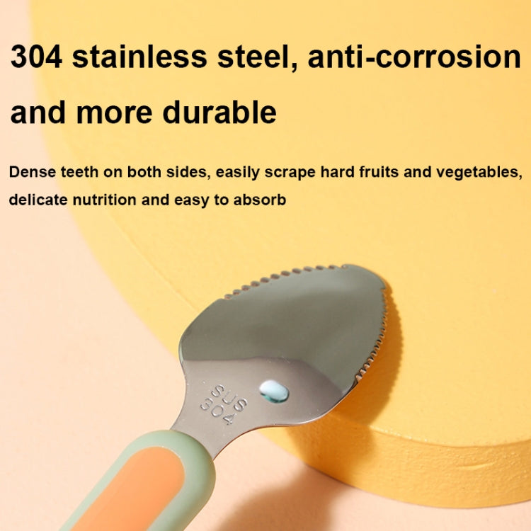 Stainless steel baby food spoon head close-up with textured scraping edge on green handle