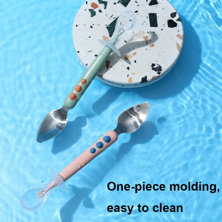 Double-head baby food spoon set with mint handles and stainless serrated scoops