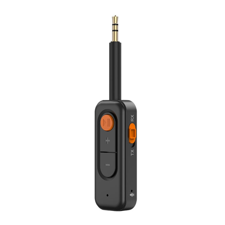 Black 2-in-1 Bluetooth receiver/transmitter with 3.5mm audio plug and orange controls