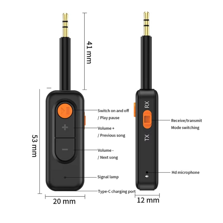 Black Bluetooth adapter with orange buttons, RX/TX switch, and 3.5mm audio plug