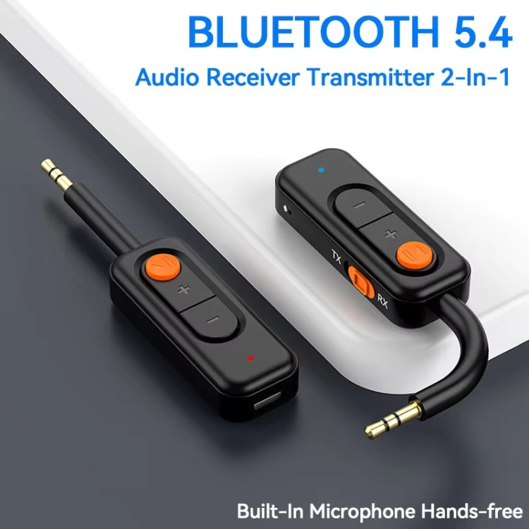 Bluetooth 5.4 audio receiver transmitter adapter with orange buttons and AUX plug