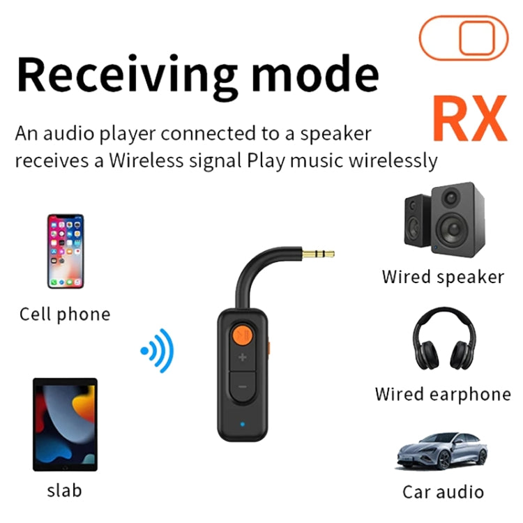 Black Bluetooth receiver/transmitter adapter with orange control button and 3.5mm plug