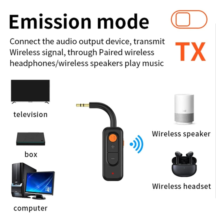 Black Bluetooth transmitter adapter with orange power button and 3.5mm audio plug
