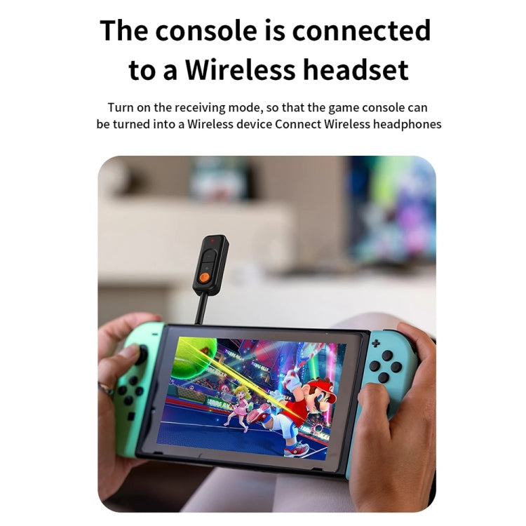 Black Bluetooth adapter with orange controls and 3.5mm plug shown near a phone