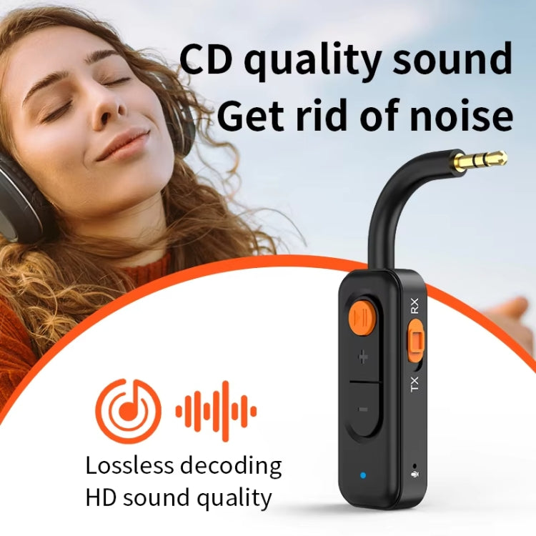 Black Bluetooth receiver/transmitter with orange button and 3.5mm audio plug