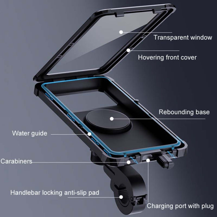 Bicycle phone mount with openable waterproof cover, floating front, and anti-slip base