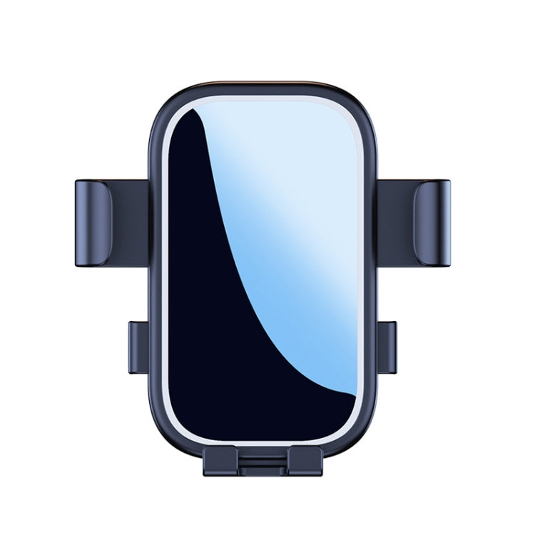 Car phone holder with silver-edged ball joint mount and black vent clips, front view