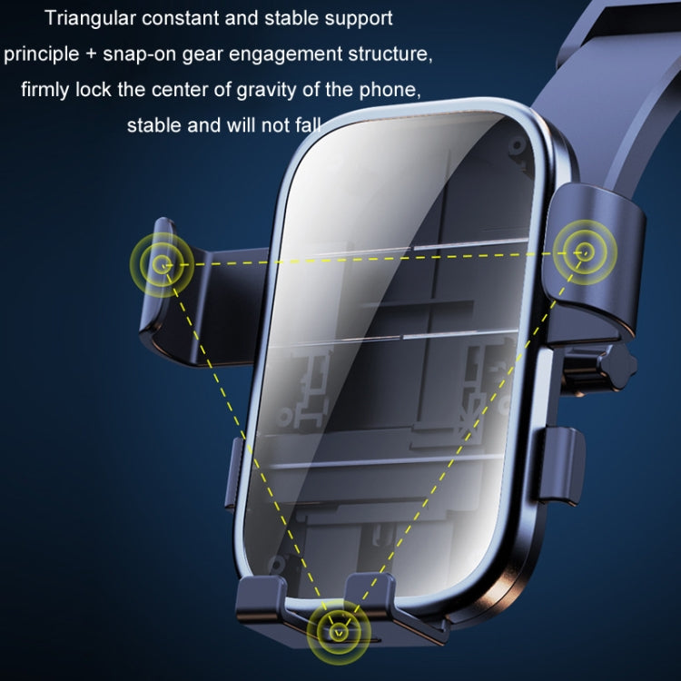 Car phone holder with silver frame and stable multi-point vent support, phone cradle centered