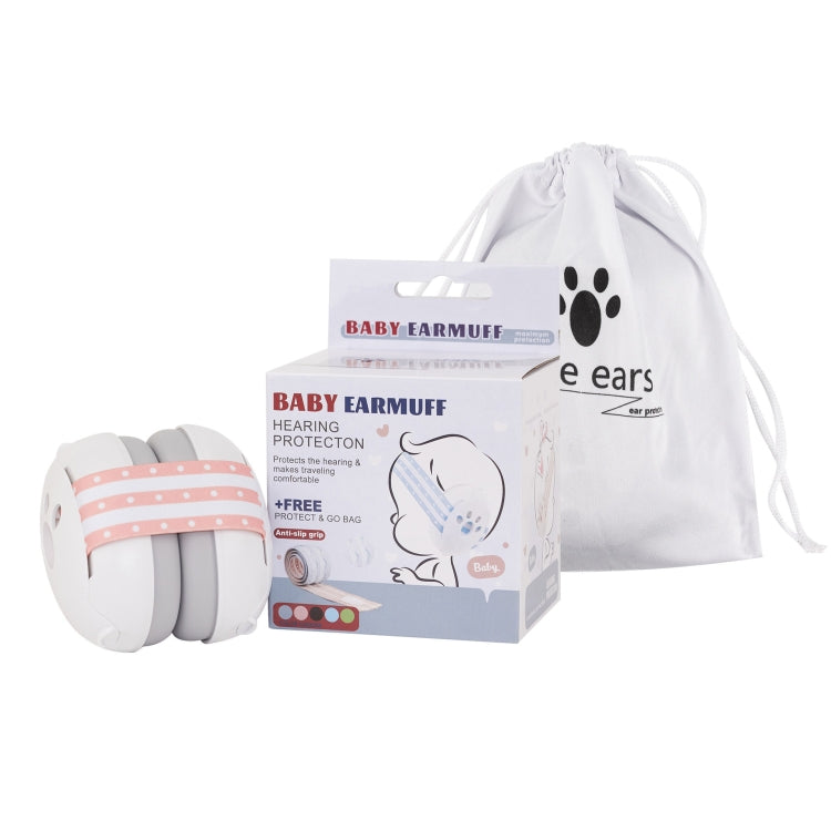 Baby earmuff headband with white ear caps and pink striped band, in storage bag