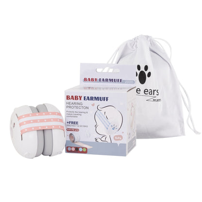 Baby earmuff headband with white ear caps and pink striped band, in storage bag
