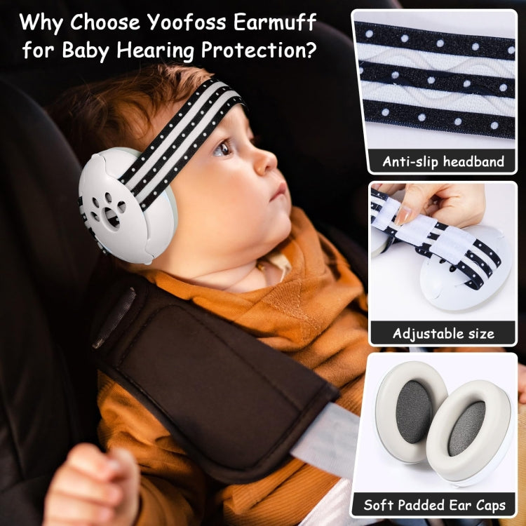 Baby earmuff headband with white ear cups and black striped padded band