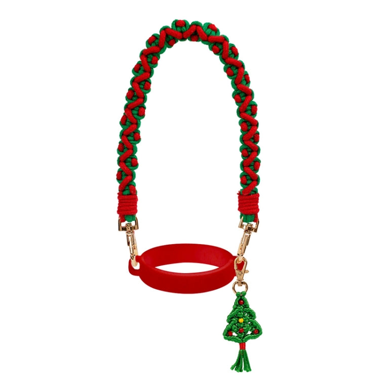 Christmas rope-knit hand strap with red-green trim, gold clips, and small tree charm