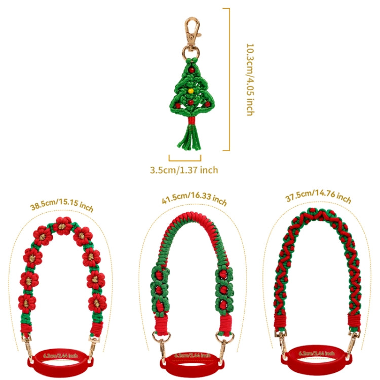 Christmas rope-knit strap with tree charm and gold clasp; red cup holder ring