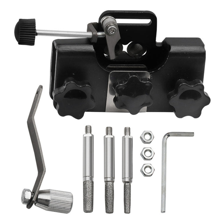 Black handheld chain sharpener with adjustable guide bar and crank handle.