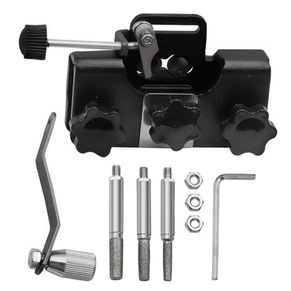 Black handheld chain sharpener with adjustable guide bar and crank handle.