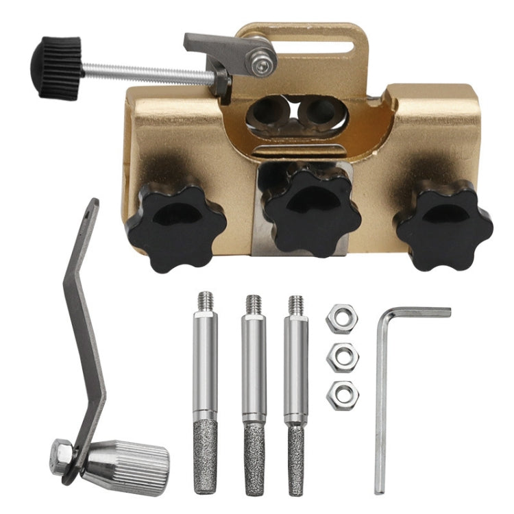 Gold handheld chain sharpener with adjustable guide bar and crank handle.