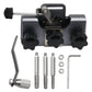 Black handheld chain sharpener with three grinding heads and crank handle.