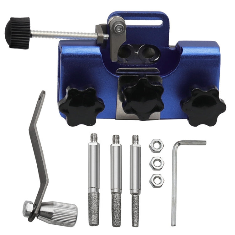 Blue handheld chain sharpener with three grinding heads and crank handle.