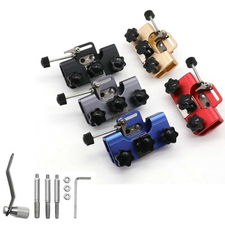Chain sharpener kit with multiple colored units, grinding heads, and crank handles.