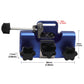 Blue chain sharpener body with three sockets and crank handle, adjustable guide bar.