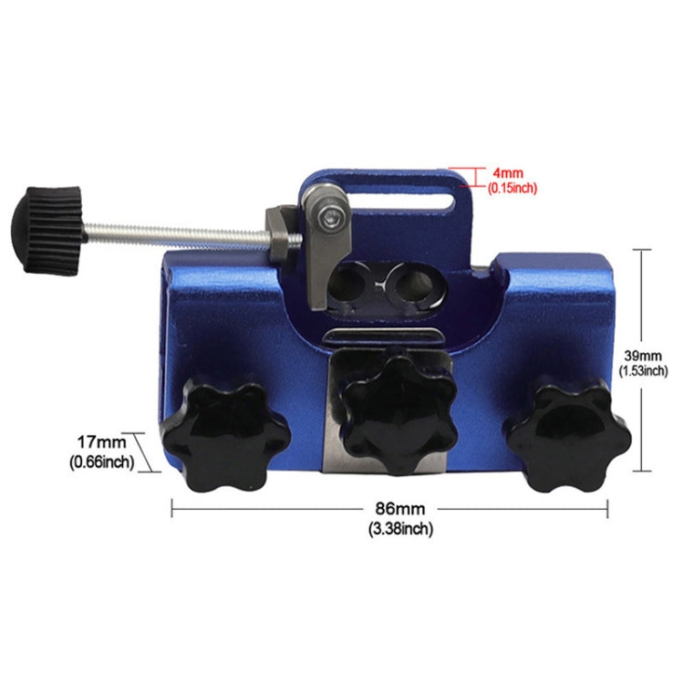 Blue chain sharpener body with three sockets and crank handle, adjustable guide bar.