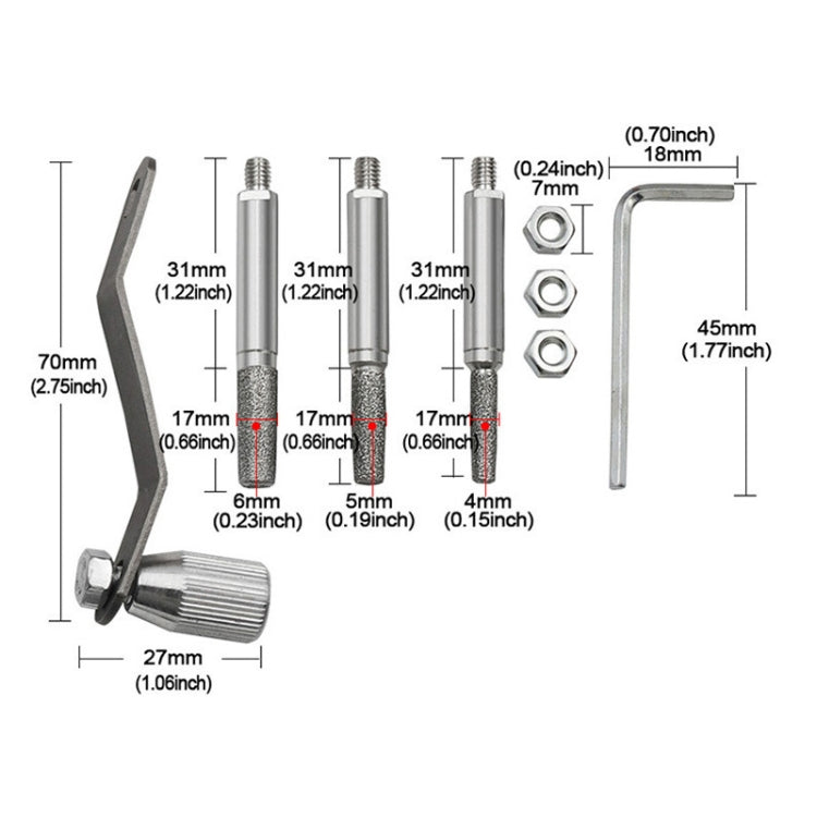 Chain sharpener accessory set with three grinding heads, wrenches, and guide tool.