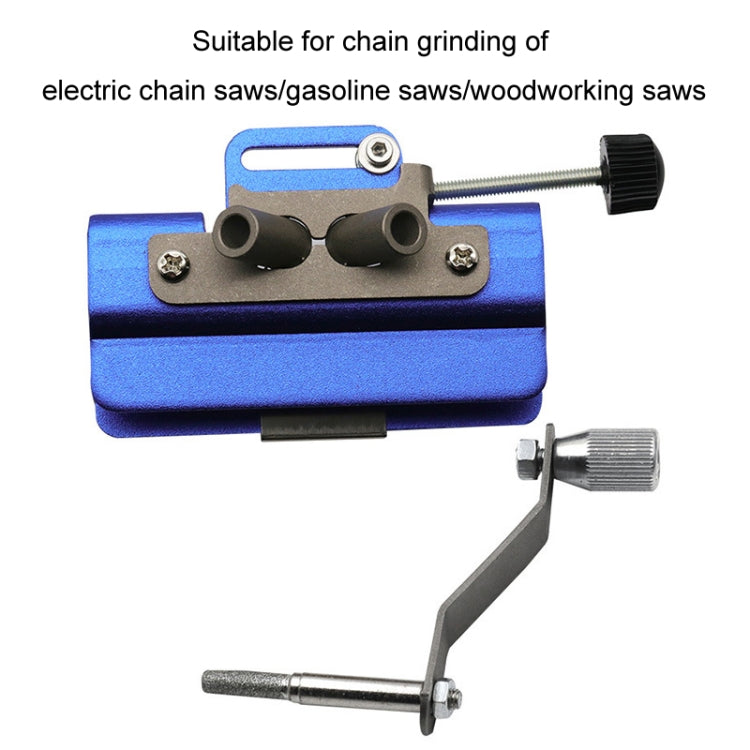 Blue chain sharpener with metal guide arm and crank grinding handle.