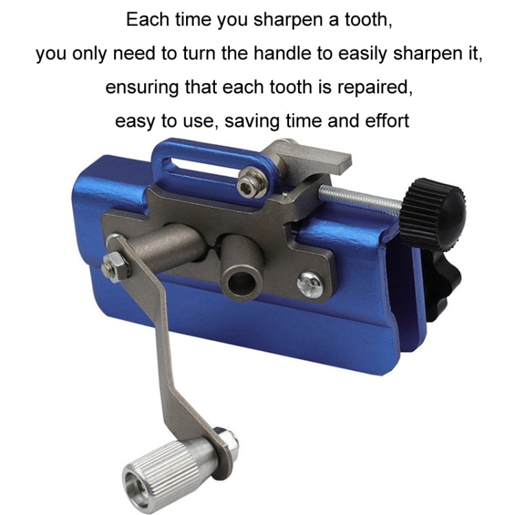 Blue handheld chain sharpener close-up with adjustable clamp and crank handle.