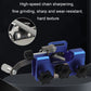 Blue handheld chain sharpener with black grinding heads and adjustable clamp