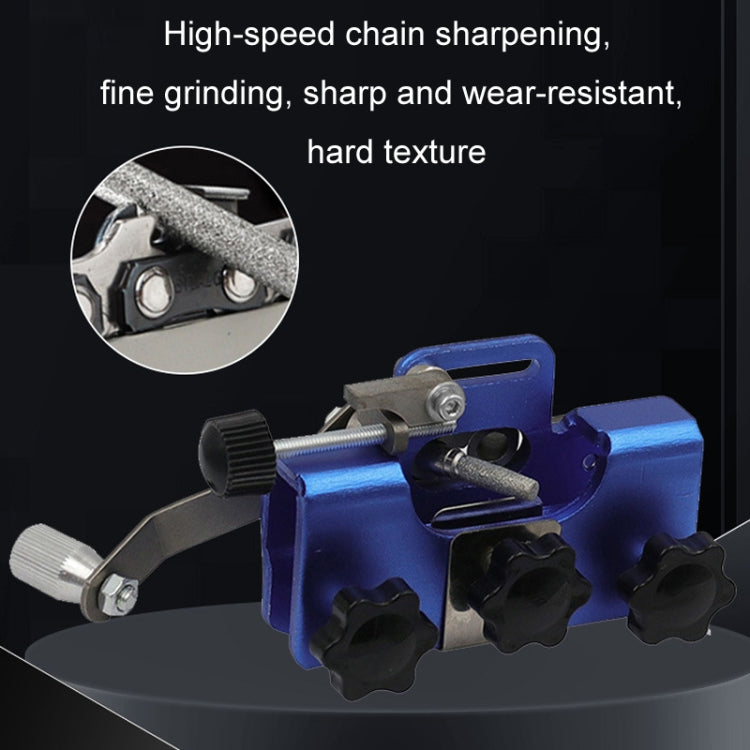 Blue handheld chain sharpener with black grinding heads and adjustable clamp