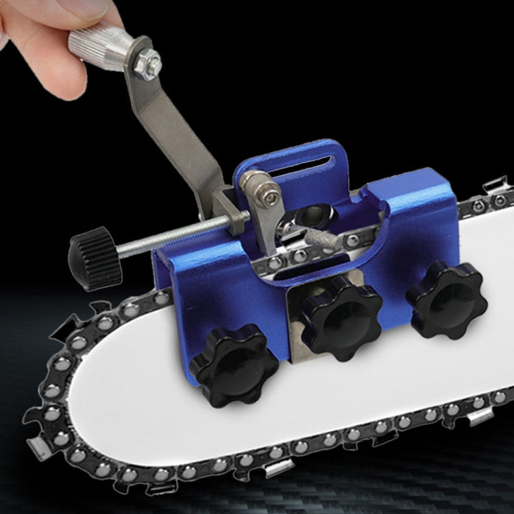 Handheld chain sharpener with blue frame, adjustable guide, and grinding wheel set