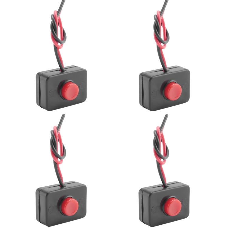 Set of 4 black push-button circuit switch boxes with red buttons and wire leads