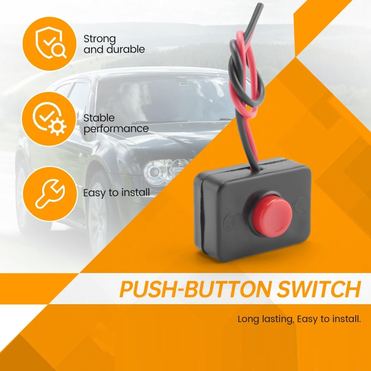 Black push-button switch with red button and red/black wire leads for vehicle wiring