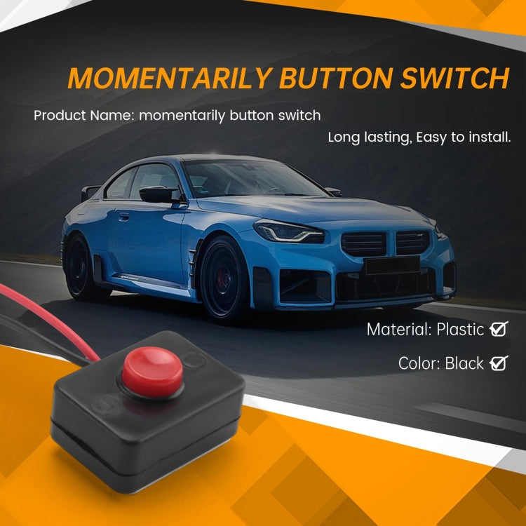 Black momentary push-button switch with red button and red/black cable leads