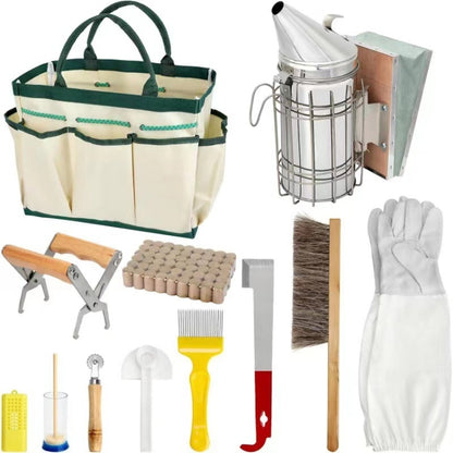 Beekeeping starter tool set with green-and-cream organizer bag, smoker, gloves, and hive tools