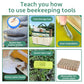 Beekeeping tool use guide chart with illustrated hive tools and storage bag