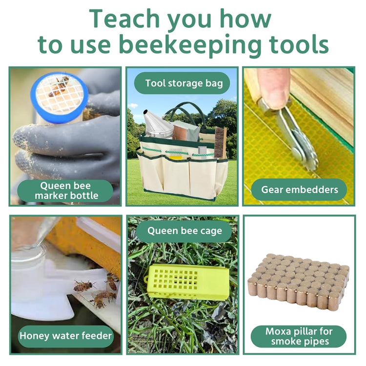 Beekeeping tool use guide chart with illustrated hive tools and storage bag