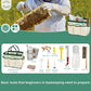 Beekeeping starter tool set with organizer bag, gloves, smoker, and hive tool icons on chart