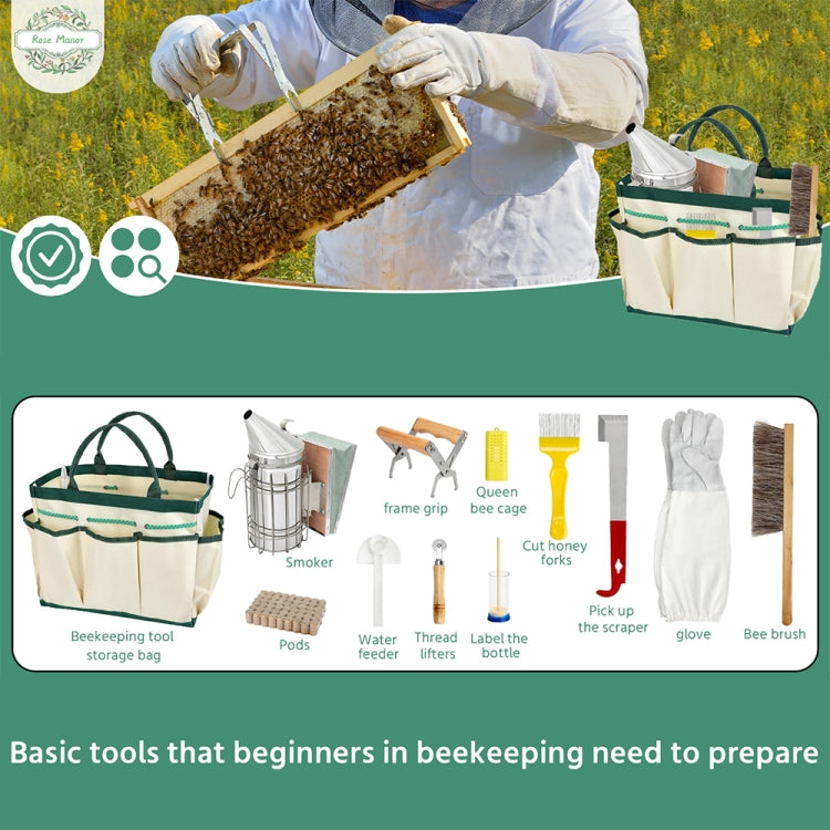 Beekeeping starter tool set with organizer bag, gloves, smoker, and hive tool icons on chart