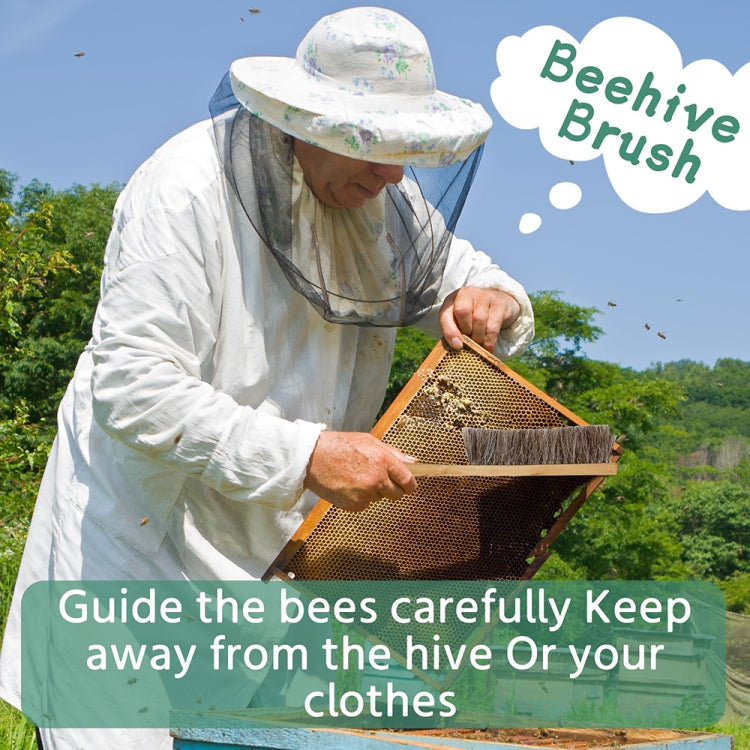 Beekeeper suit with mesh veil holding a hive frame and bee brush