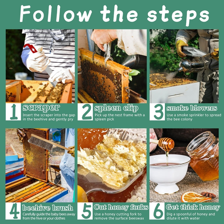 Beekeeping steps instruction chart showing hive scraper, smoke blower, and honey tools