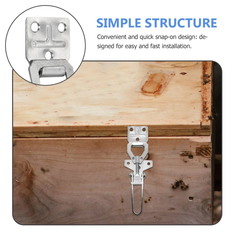 Beekeeping hive box latch fastener mounted on wooden box panel